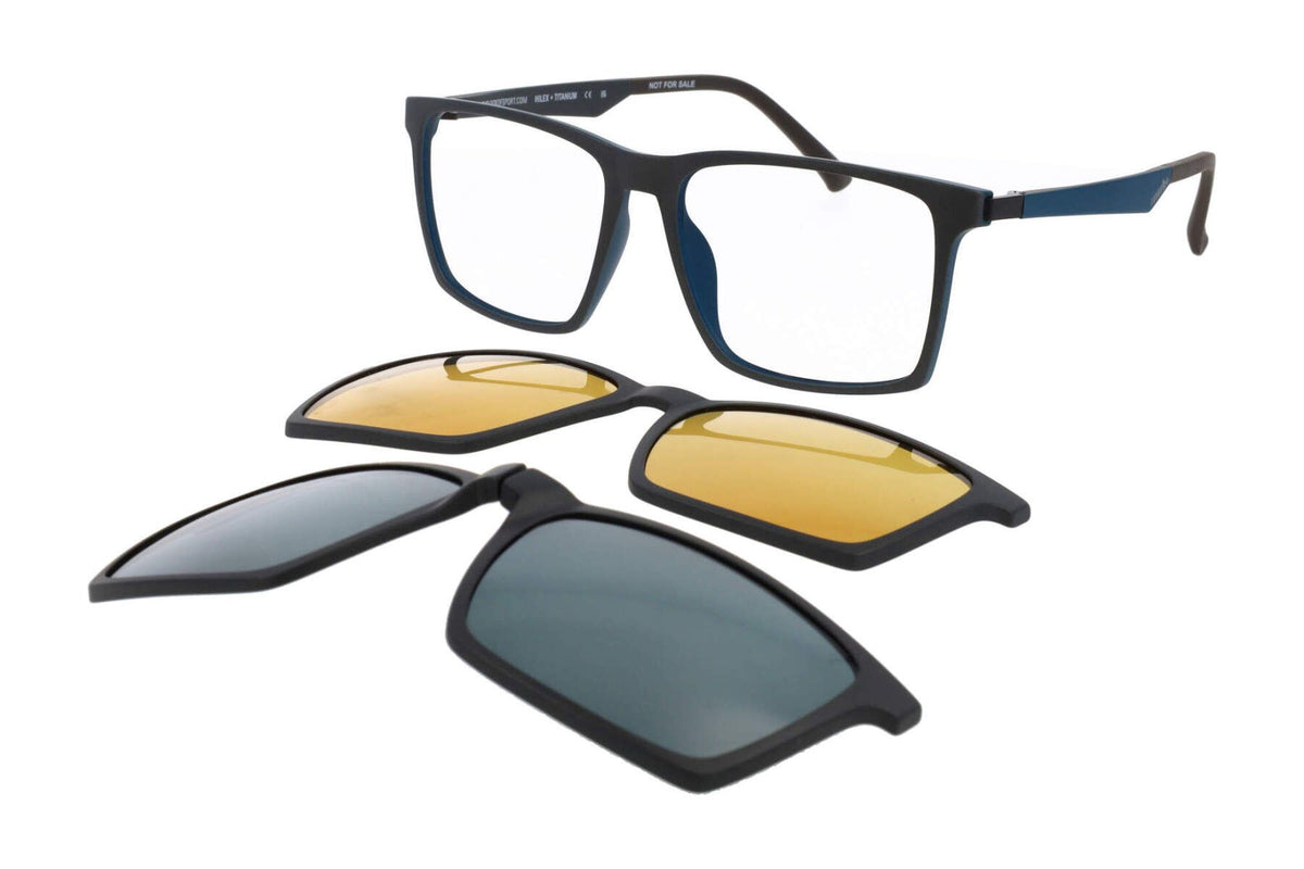 Gafas graduadas RH+ Clip-on negro y azul con suplemento solar magnético