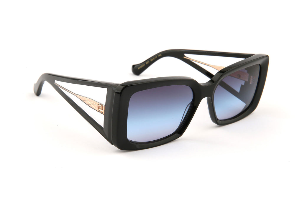 Gafas de sol Ana Hickmann AH9504 A01 negro con varillas caladas, lentes azuladas