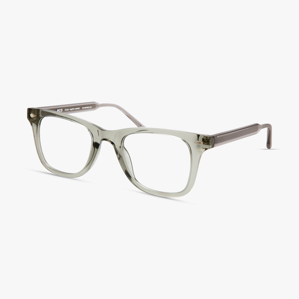 Montura ECO Grove LGRY gris transparente, vista de tres cuartos