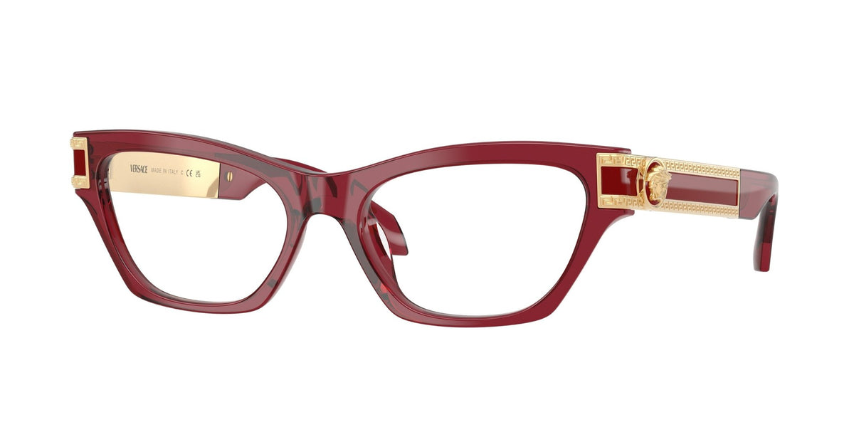 Gafas graduadas Versace VE3396U 388 cat-eye rojo transparente, vista de tres cuartos